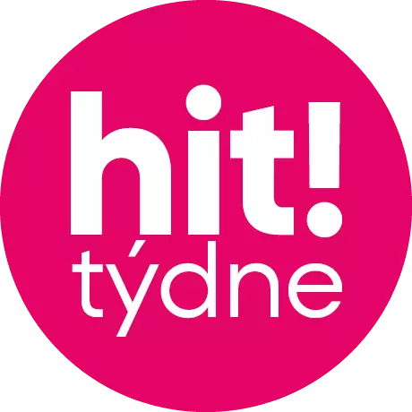 Logo s bílým nápisem "hit! týdne" na růžovém kruhovém pozadí.